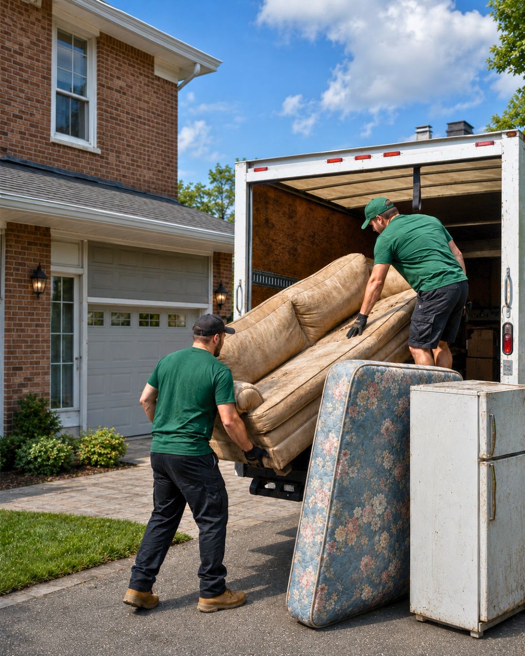 Two crew members lifting a large couch into a moving truck during a full-load cleanout