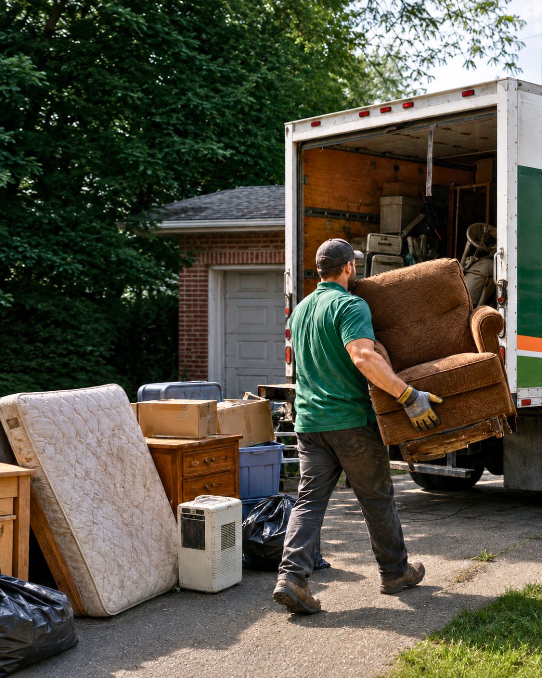 A crew member carrying a worn armchair to a loaded truck during a furniture removal job