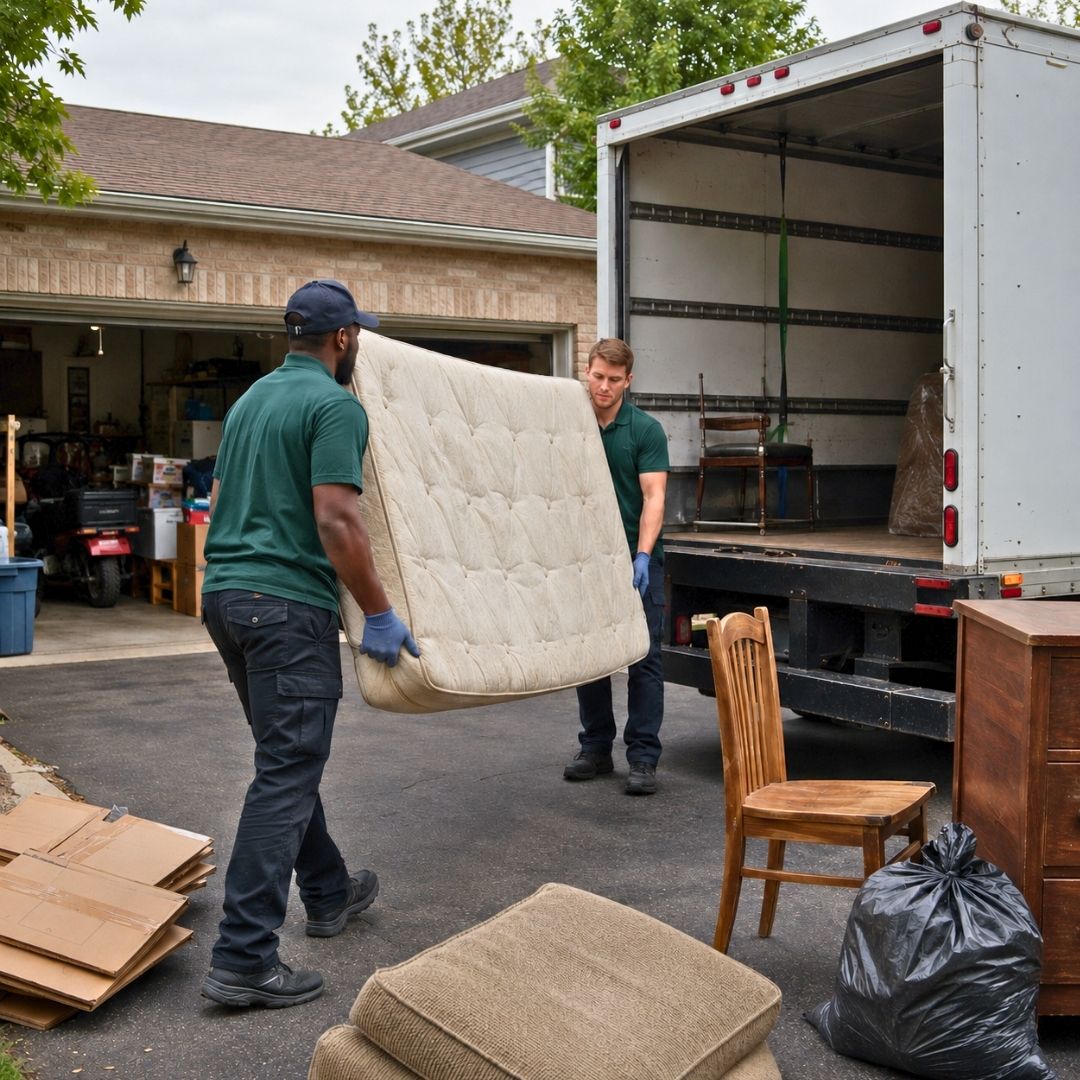 Two crew members carrying a mattress from a home to the truck during a mattress removal job