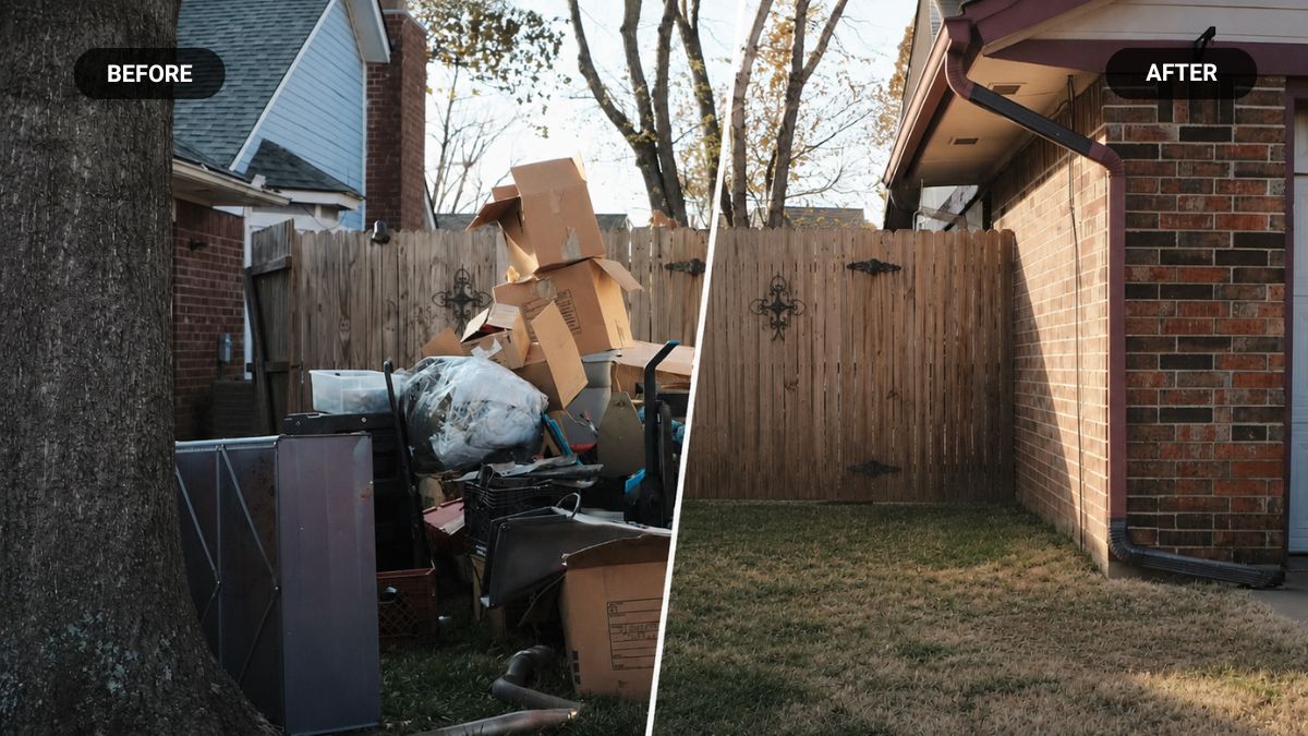 Before and after comparison of a side yard piled with debris that has been cleared to bare grass